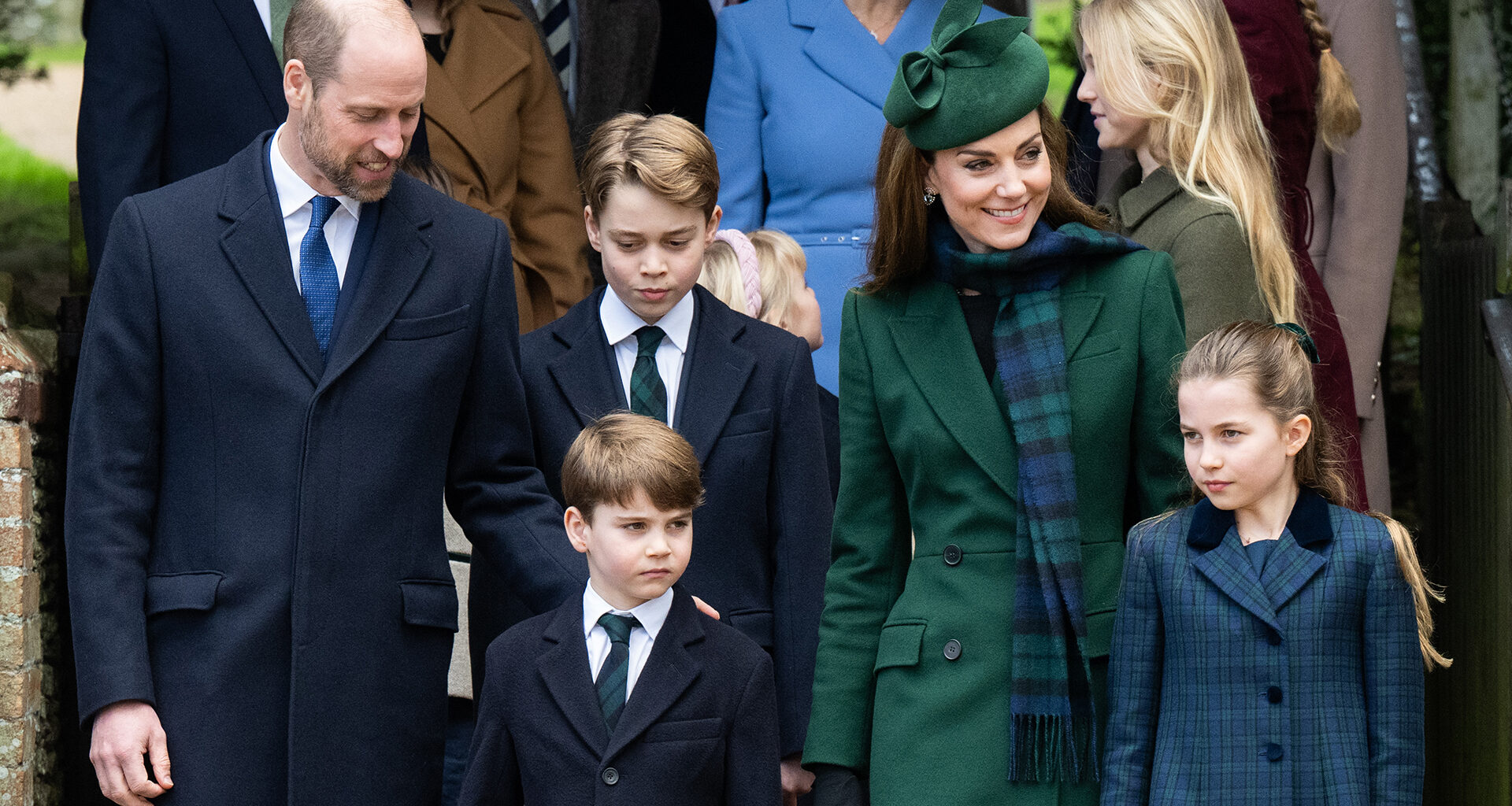 SANDRINGHAM, NORFOLK - DECEMBER 25: Prince William, Prince of Wales, Prince Louis of Wales, Prince George of Wales, Catherine, Princess of Wales and Princess Charlotte of Wales attend the Christmas Morning Service at Sandringham Church on December 25, 2024 in Sandringham, Norfolk. (Photo by Samir Hussein/WireImage)
