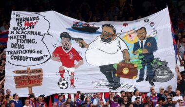 FA to investigate Crystal Palace fans’ Evangelos Marinakis-Morgan Gibbs-White banner