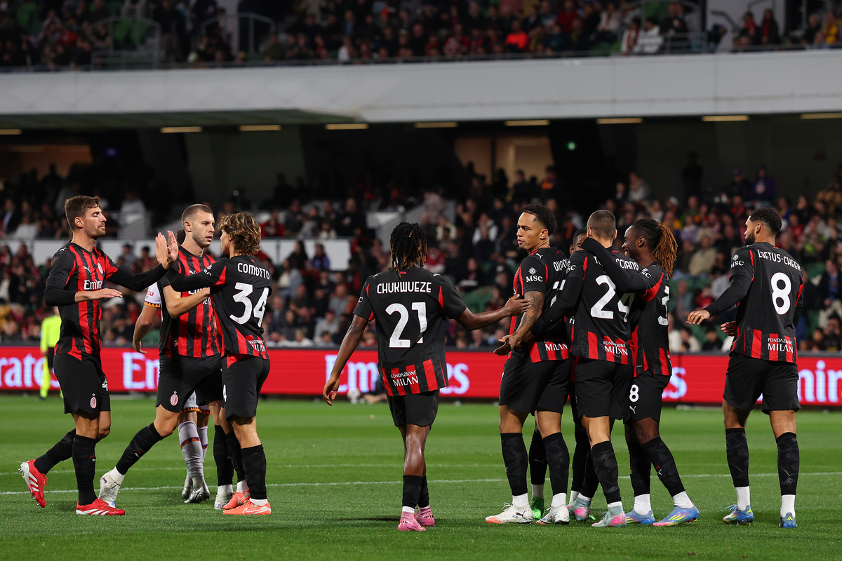 PERTH, AUSTRALIA - JULY 31: AC Milan celebrate a goal during the match between Perth Glory and AC Milan at HBF Park on July 31, 2025 in Perth, Australia. (Photo by Paul Kane/Getty Images)