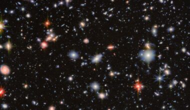 A deep space image showing countless distant galaxies of various sizes and colors scattered across a black background, with some bright, colorful stars featuring visible diffraction spikes.