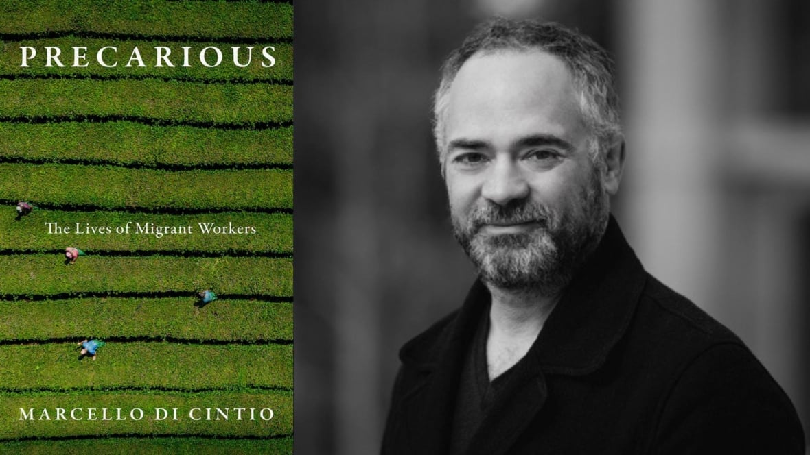 A composite image of a book cover with migrant workers working in a green field and a headshot of the author who is wearing a dark suit and has grey hair. 