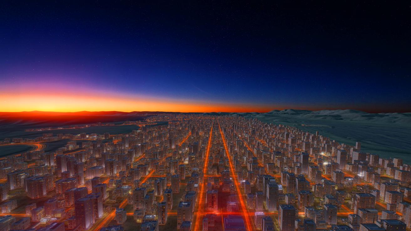 Illustration of the global impact of simultaneous light activation on power grids and the environment.