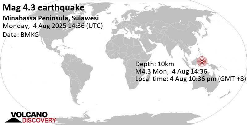 4.3 quake Celebes Sea, 73 km west of Manado, Kota Manado, Sulawesi Utara, Indonesia, Aug 4, 2025 10:36 pm (GMT +8)