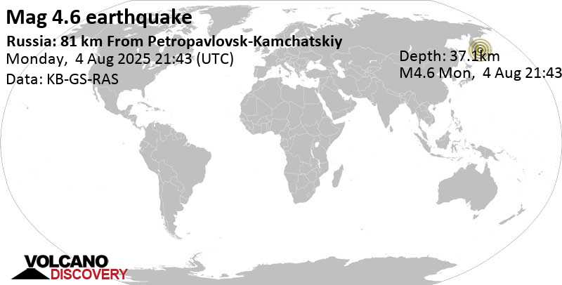 4.6 quake North Pacific Ocean, 86 km southeast of Petropavlovsk-Kamchatskiy, Kamchatka, Russia, Aug 5, 2025 09:43 am (Kamchatka time)