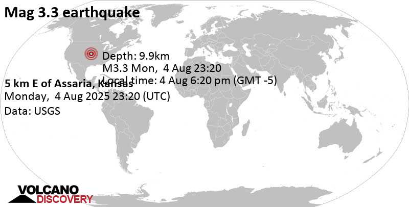3.3 quake 12 mi south of Salina, Saline County, Kansas, United States, Aug 4, 2025 06:20 pm (Chicago time)