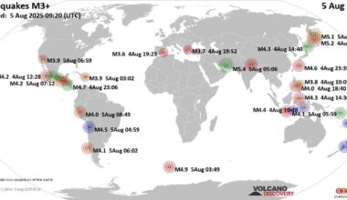 Worldwide earthquakes above magnitude 3 during the past 24 hours on  5 Aug 2025