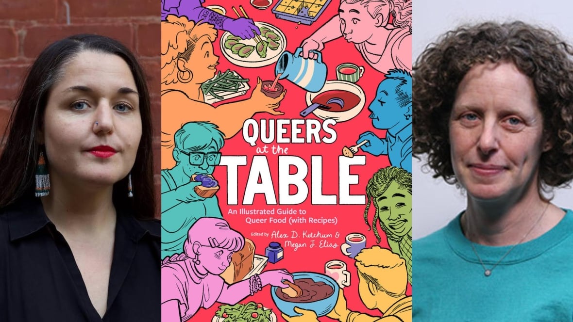 A photo composite that features a red book cover with people eating food in the middle and on the left is an author photo headshot of a woman with long dark hair and on the right is a woman with curly short hair. 