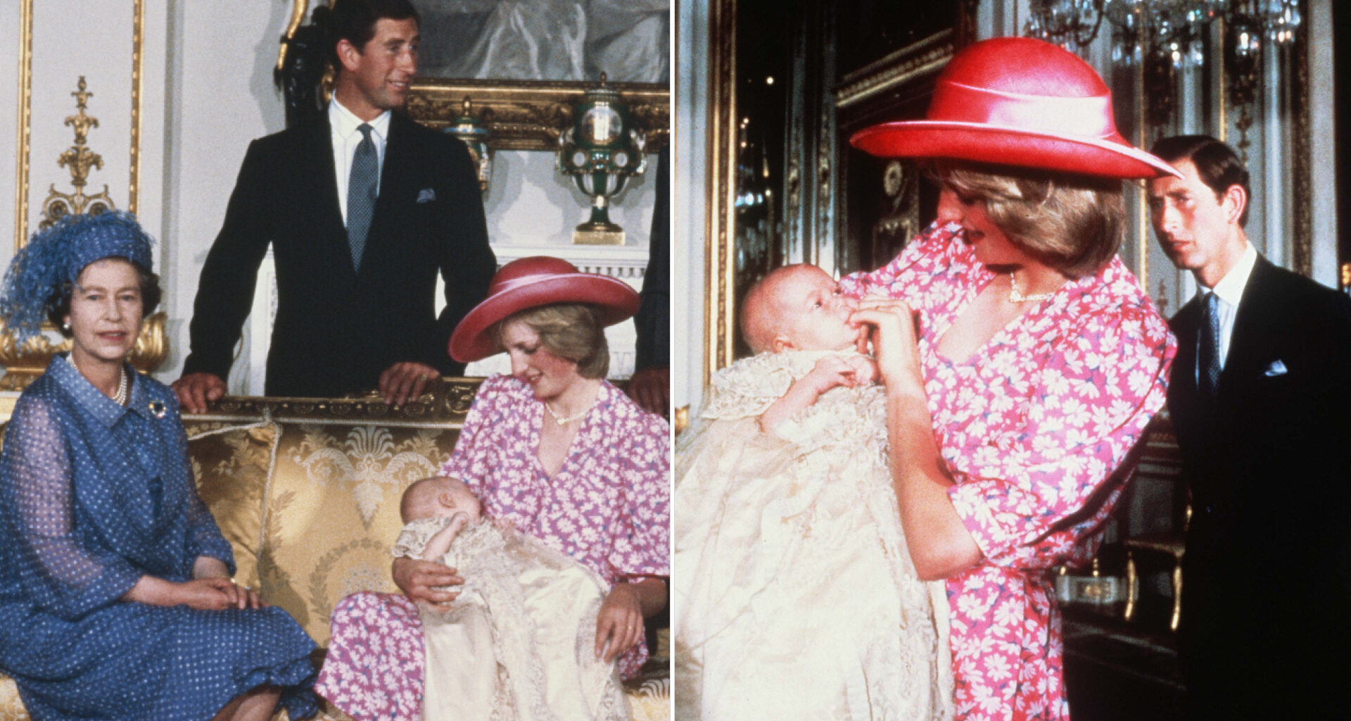 Princess Diana wears a pink floral dress and pink hat to hold Prince William on August 4, 1982 at his royal christening