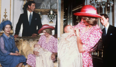 Princess Diana wears a pink floral dress and pink hat to hold Prince William on August 4, 1982 at his royal christening