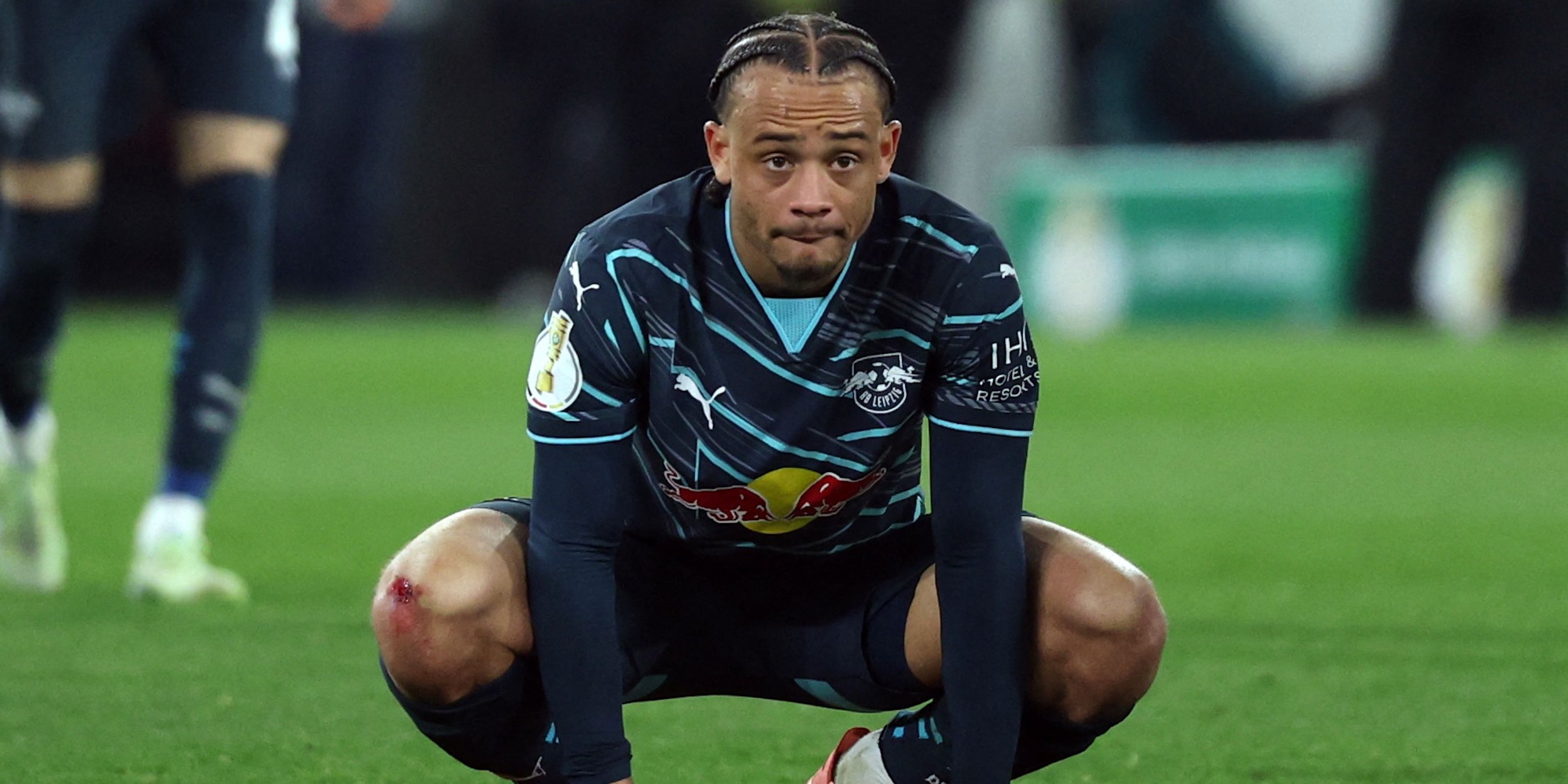 RB Leipzig's Xavi Simons reacts after the match 