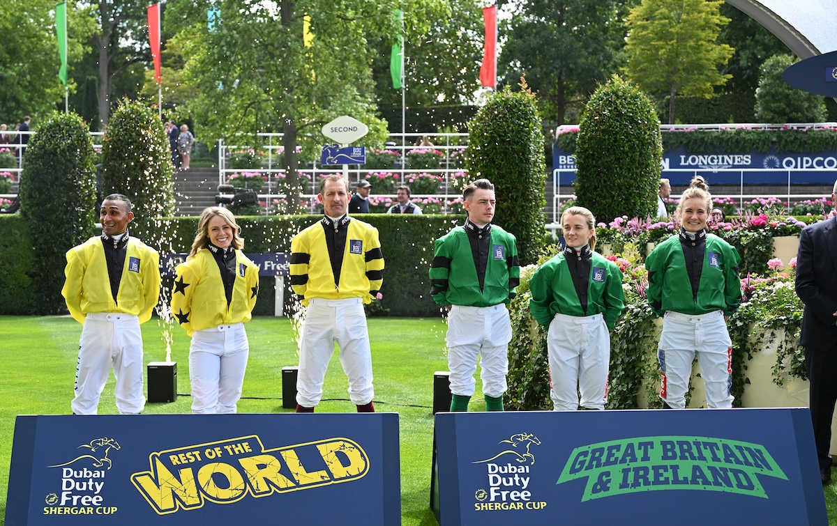 Ready for action: the Rest of the World and the GB & Ireland teams ahead of the Shergar Cup. Photo: Hattie Austin / focusonracing.com
