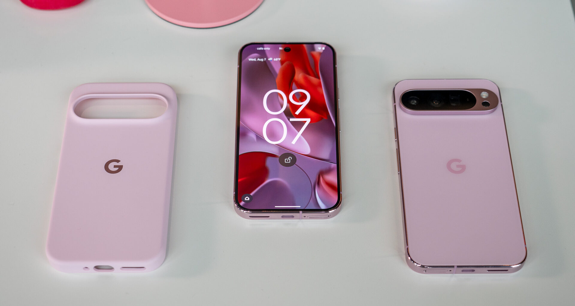The Google Pixel 9 Pro next to a Google Pixel 9 Pro XL and an official Google case