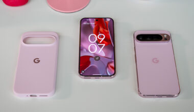 The Google Pixel 9 Pro next to a Google Pixel 9 Pro XL and an official Google case
