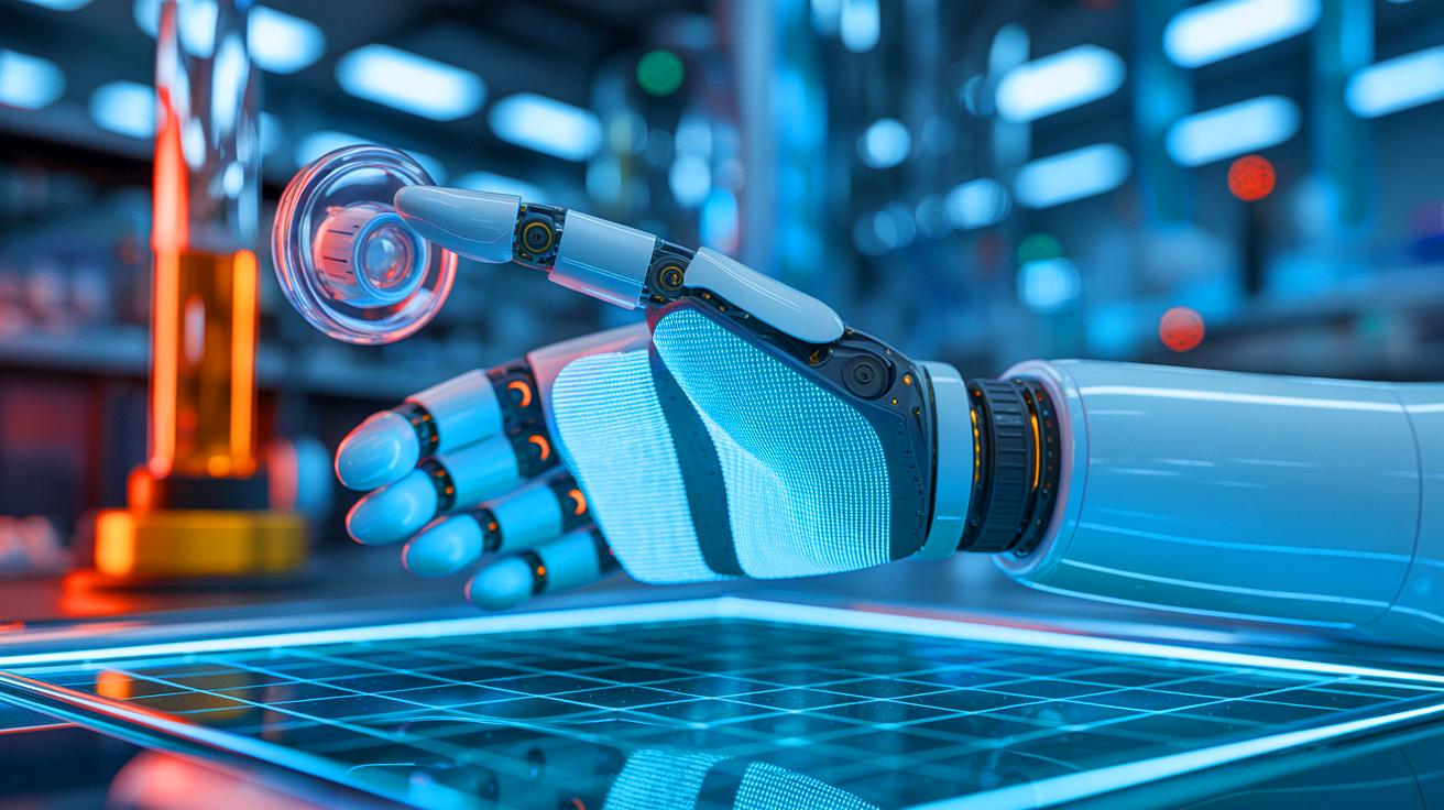 Illustration of researchers with a robotic gripper outfitted with a fabric touch sensor.