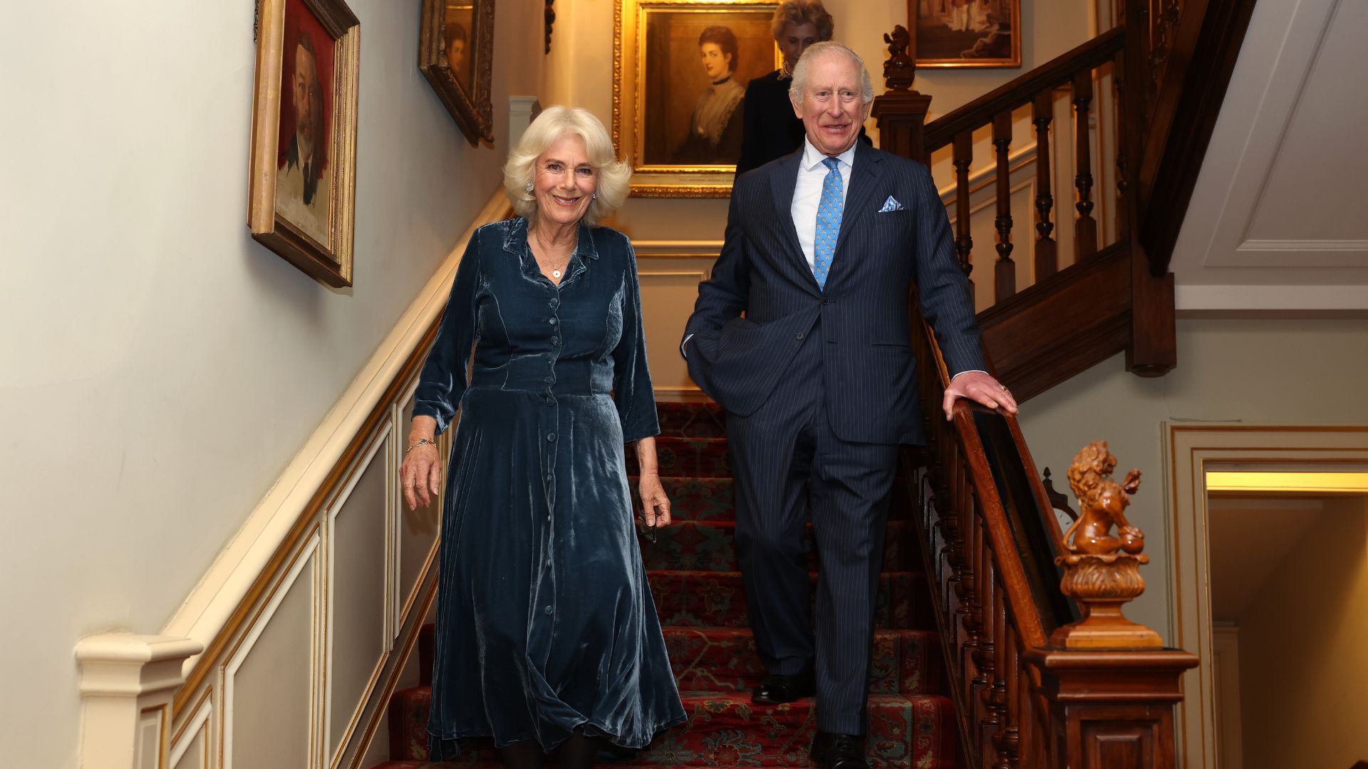 Queen Camilla and King Charles III arrive for a reception to mark the launch of the Queen's reading room medal at Clarence House