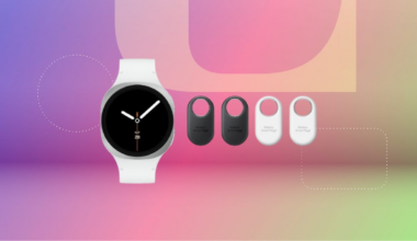 Samsung Galaxy Watch 8 with tags on a purple-pink-green gradient background.