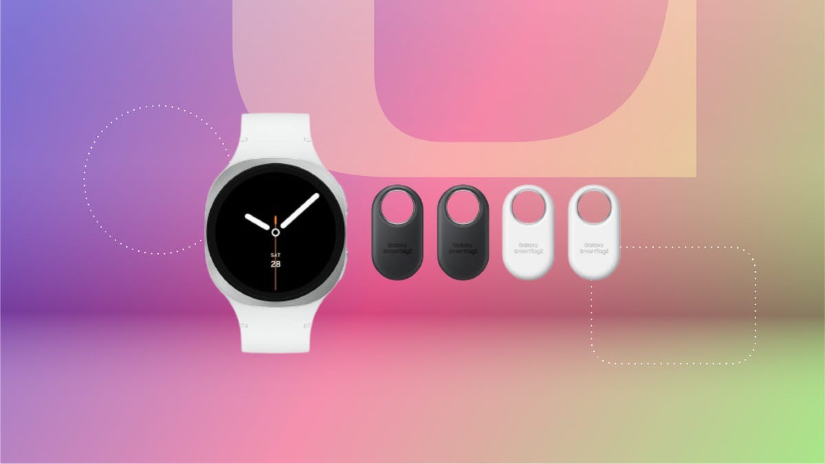 Samsung Galaxy Watch 8 with tags on a purple-pink-green gradient background.