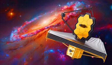 Illustration of the James Webb Space Telescope observing ancient galaxies.