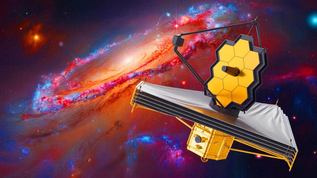 Illustration of the James Webb Space Telescope observing ancient galaxies.