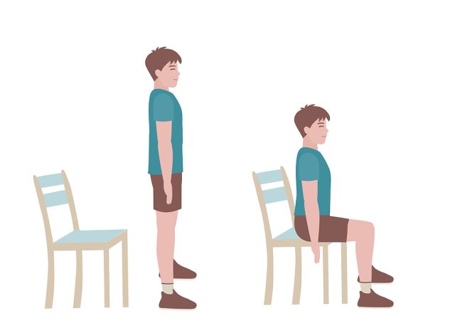 Exercises that can be done at-home using a sturdy chair. Once standing, raise your head so you are looking forward and pull the shoulders down and back. Slowly lower yourself back down to sitting.