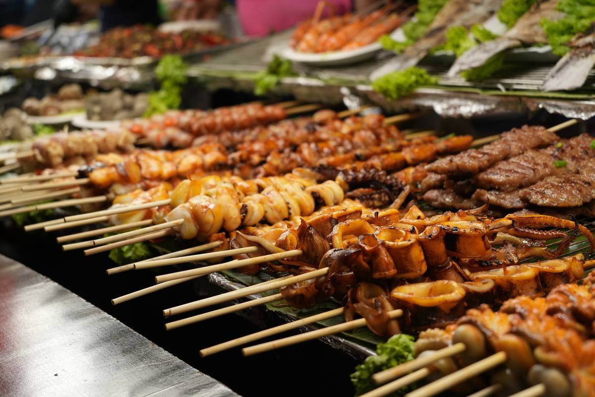 Grilled skewers of seafood and meat