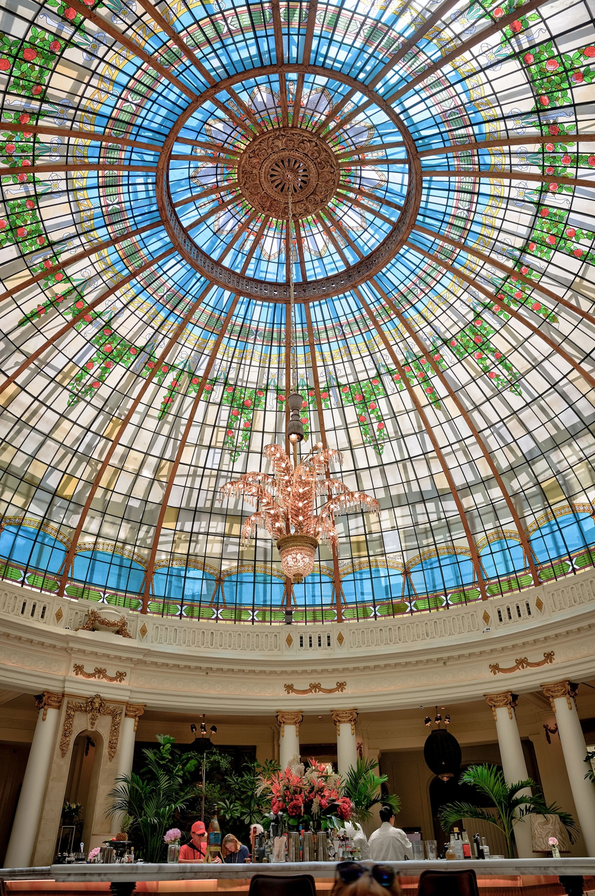 A dome roof with colorful glass.