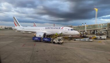 Air France plane on runway in Paris on cloudy day