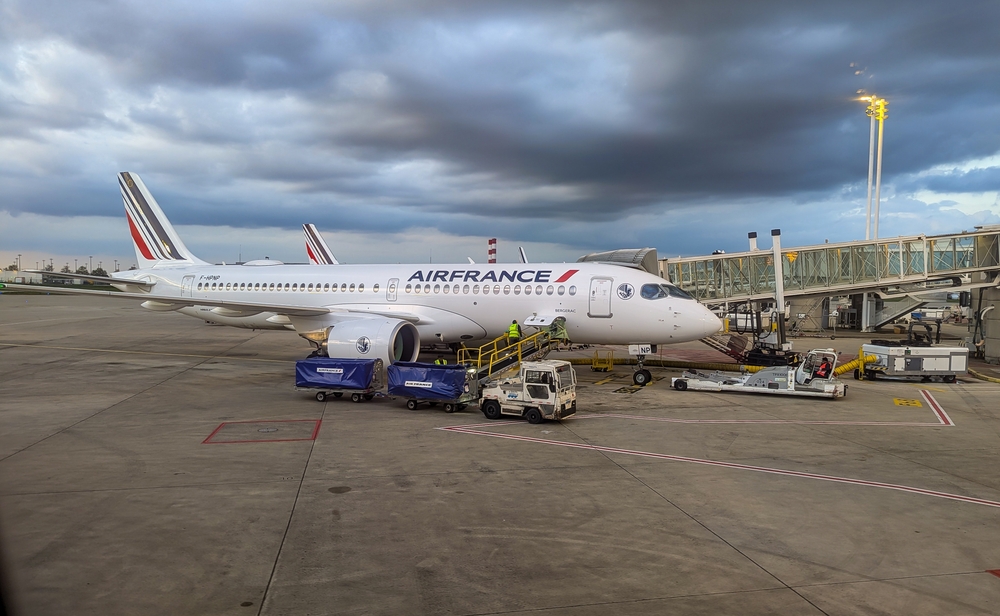 Air France plane on runway in Paris on cloudy day