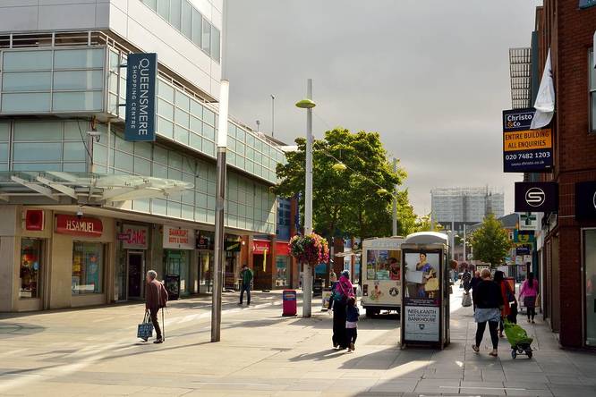 A view down Slough's highstreet on a cloudy day