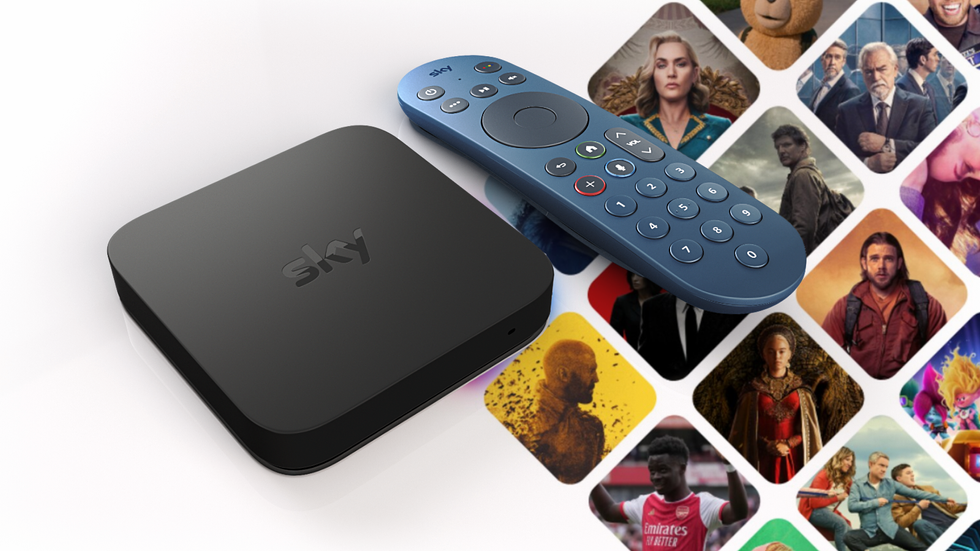 sky stream box pictured with blue tv remote
