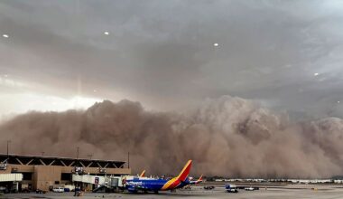 A dust storm grounded flights at Phoenix Sky Harbor International Airport. Pic: AP