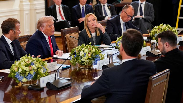 Donald Trump speaks at the White House before talks with other European leaders. Pic: Reuters