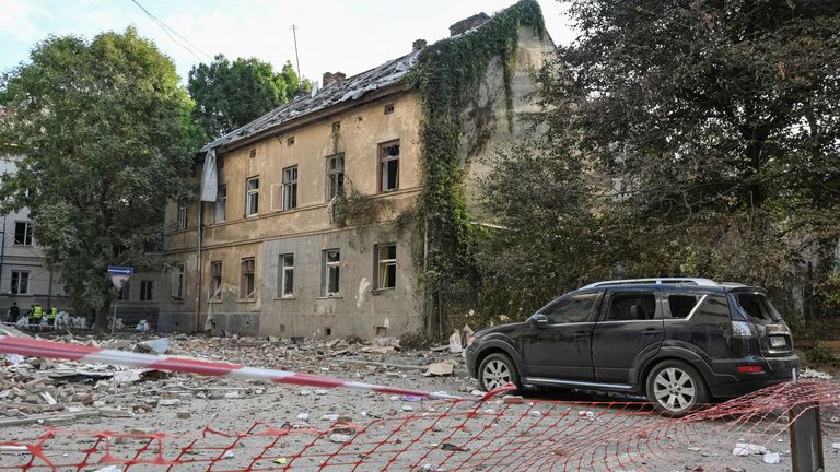 A view shows an apartment building hit by Russian drone strikes in Lviv on Thursday. Pic: Reuters