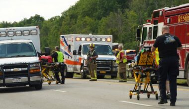 Rescue teams at the scene of a bus crash near Pembroke, New York State. Pic: Buffalo News/AP