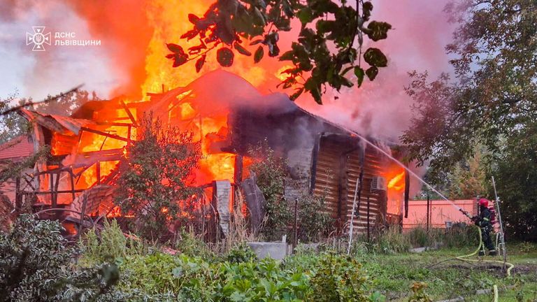 A blaze at a residential area hit by Russian drones in the Lviv region on Thursday. Pic: State Emergency Service of Ukraine