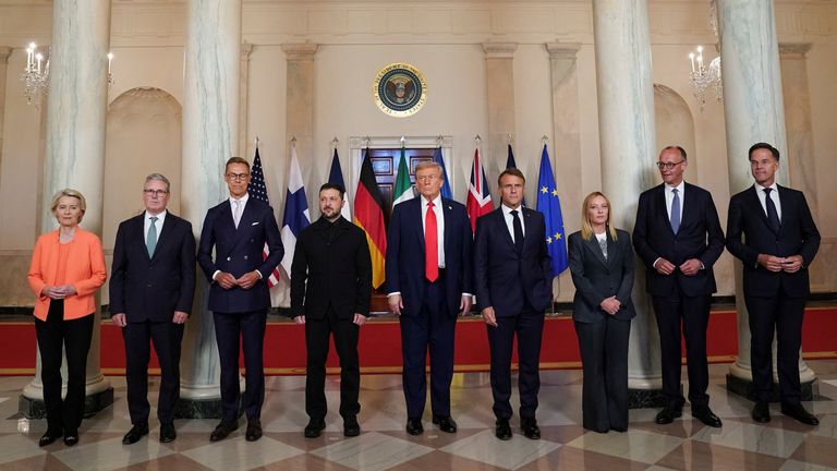 Donald Trump and the European leaders in a 'family photo'. Pic: Reuters/Alexander Drago