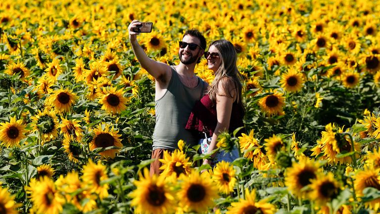 A couple take a selfie at a farm in Wythall, Worcestershire. Pic: PA