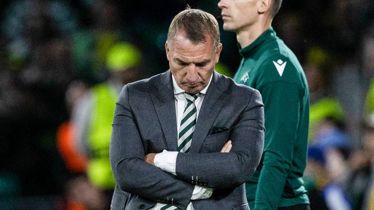 GLASGOW, SCOTLAND - AUGUST 20: Celtic manager Brendan Rodgers looks dejected