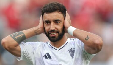 Bruno Fernandes of Manchester United celebrates after scoring the team's first goal via penalty during a Premier League Summer Series game