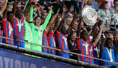 Crystal Palace players celebrates as captain Marc Guehi lifts the Community Shield