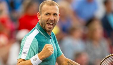 Dan Evans of Great Britain reacts after winning a point during his first round match of the National Bank Open, part of the Hologic ATP Tour