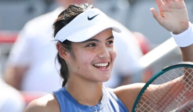Emma Raducanu, of the United Kingdom, salutes the crowd following her first round match win over Elena-Gabriela Ruse, of Romania, at the Nat