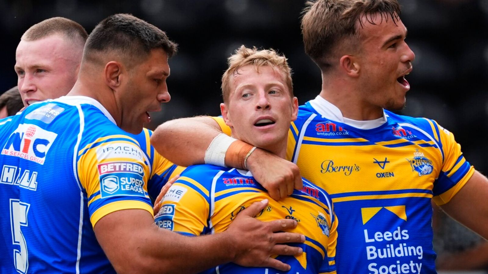 Lachlan Miller and his Leeds Rhinos team-mates celebrate scoring against Castleford Tigers (SWPix.com)