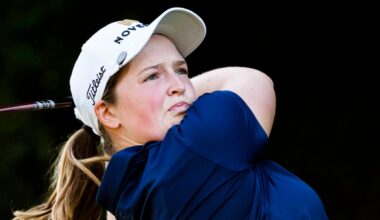 Lottie Woad tees off on the fifth hole during the second round of the Canadian Women's Open golf tournament in Mississauga, Ont., Friday, Aug. 22, 2025.  (Thomas Skrlj  /The Canadian Press via AP)