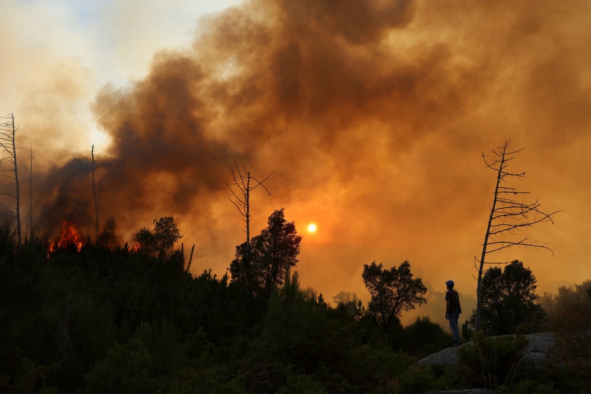 Smoke and flames are seen rising from a wildfire in Vilar de Condes, in Spain's Ourense province.