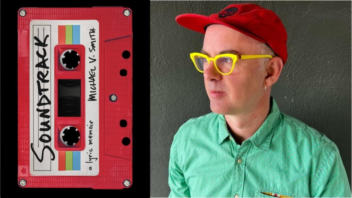 A photo composite that features a book cover on the left that has a red cassette tape on it and on the right is a man wearing a green turquoise shirt. 