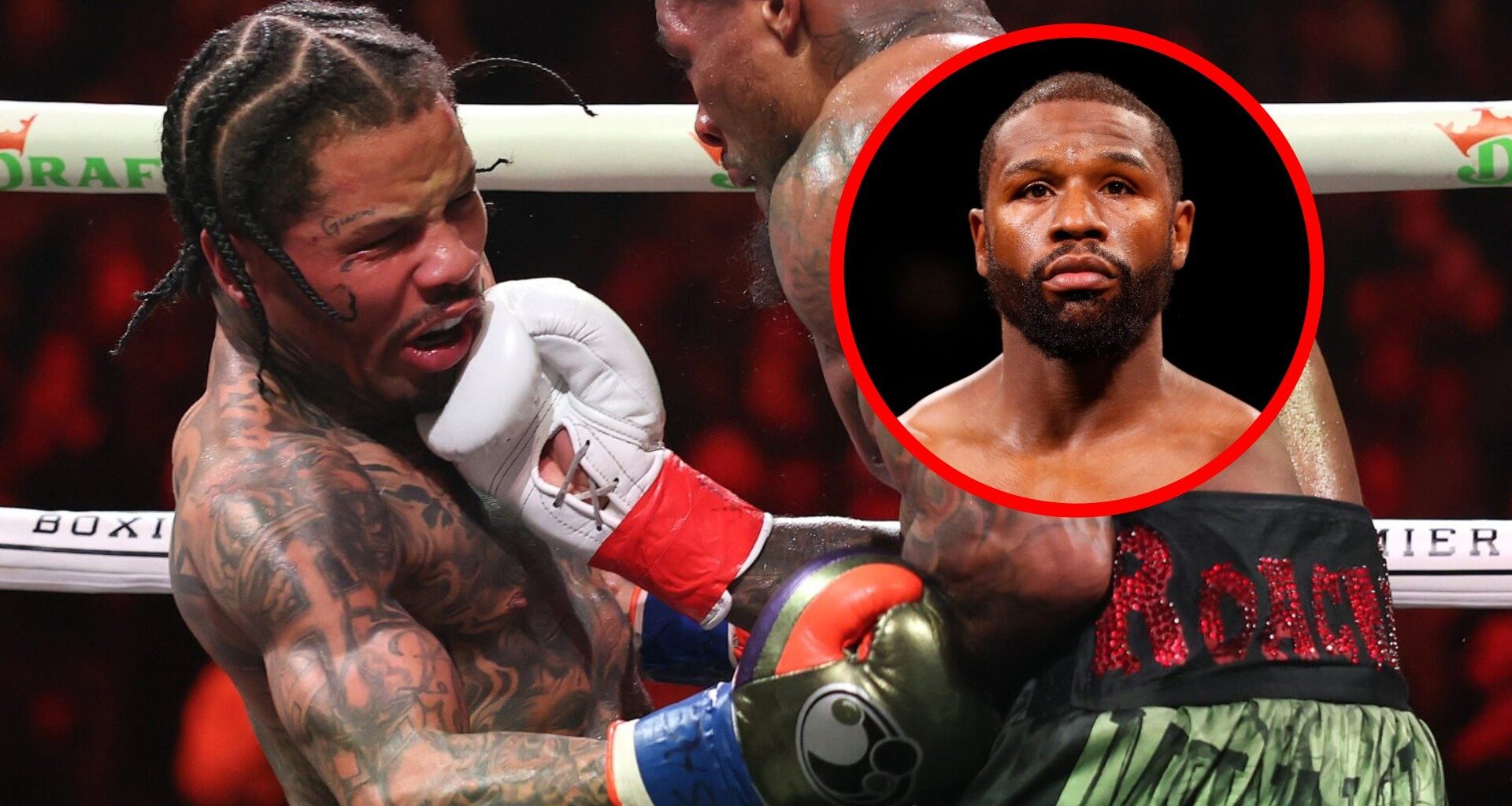 Gervonta Davis takes a right uppercut from Lamont Roach with inset of Floyd Mayweather