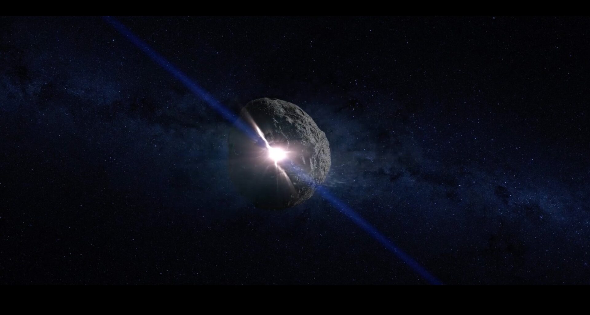 An illustration of a massive asteroid shattering in the early universe