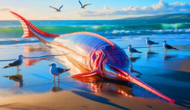 Illustration of a giant oarfish washed ashore, capturing the intrigue and mystery surrounding these elusive deep-sea creatures.