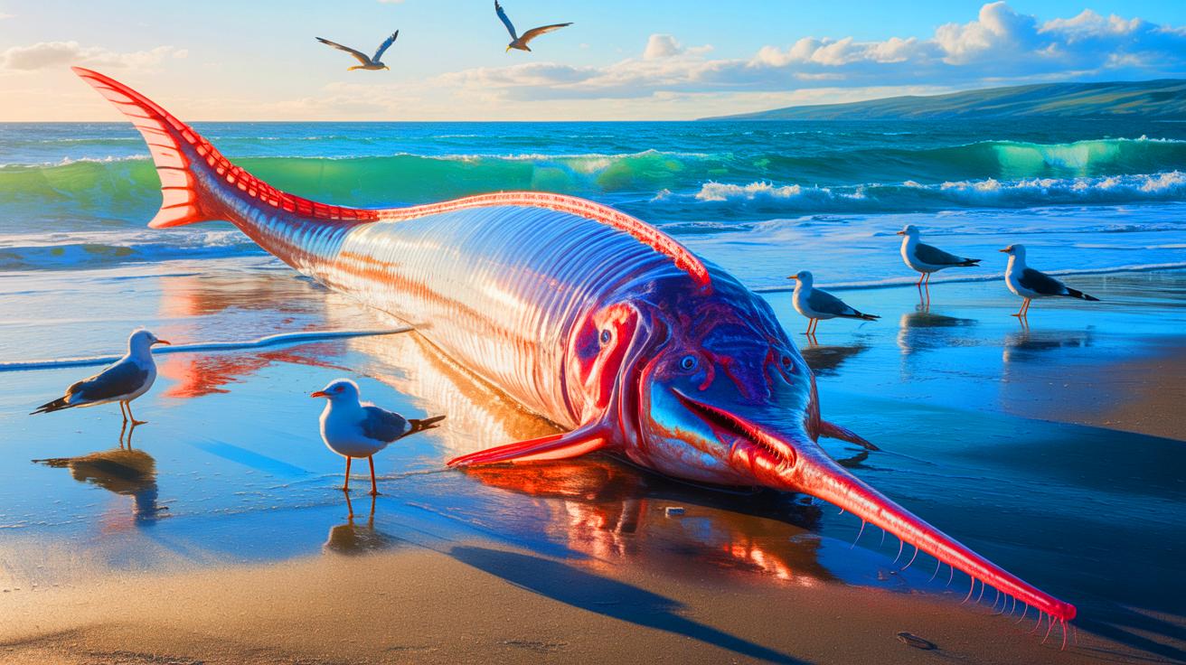Illustration of a giant oarfish washed ashore, capturing the intrigue and mystery surrounding these elusive deep-sea creatures.